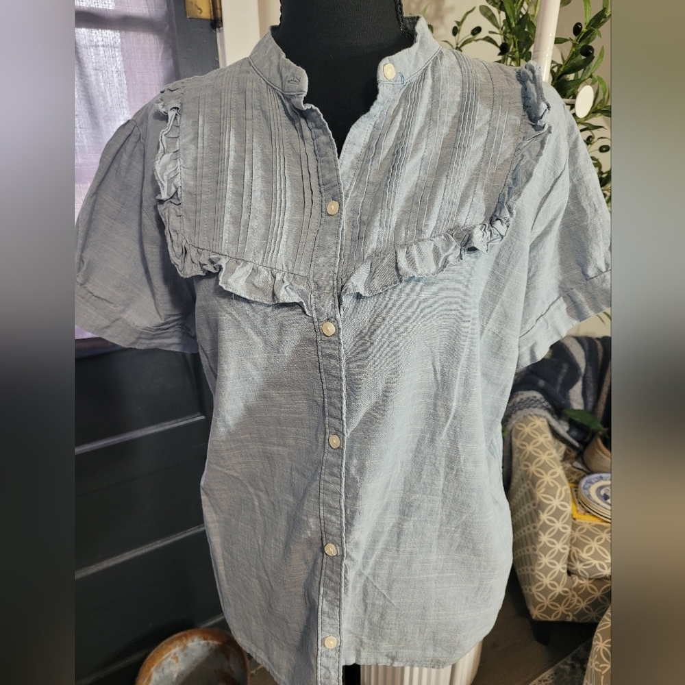 Light Blue Ruffle-Trim Button Front Women’s Top